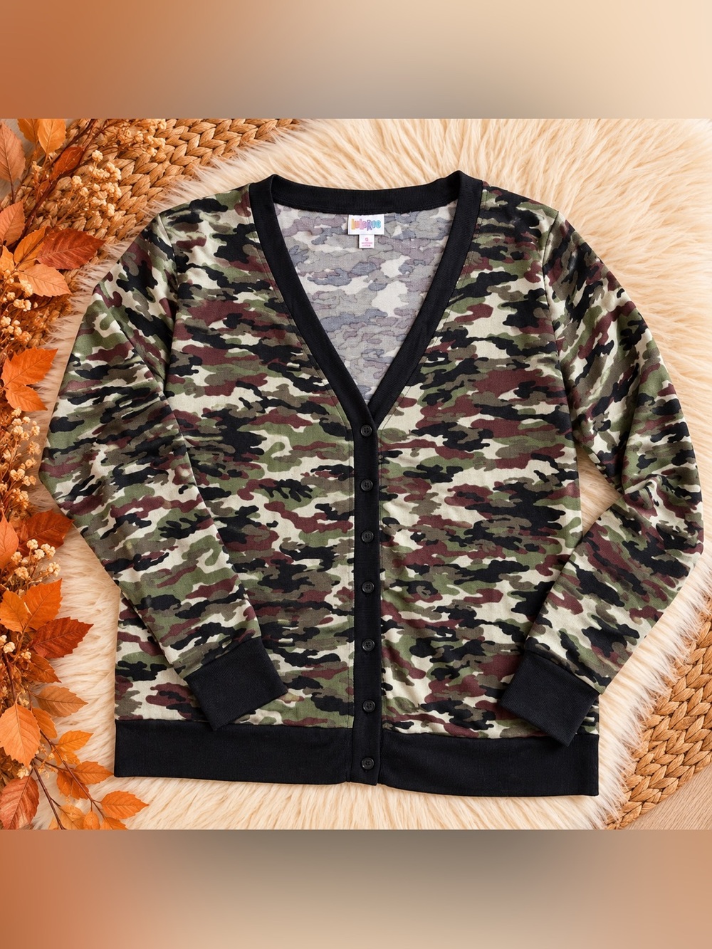 New LuLaRoe Cheryl Camo Cardigan Sweater Green Brown Black Small